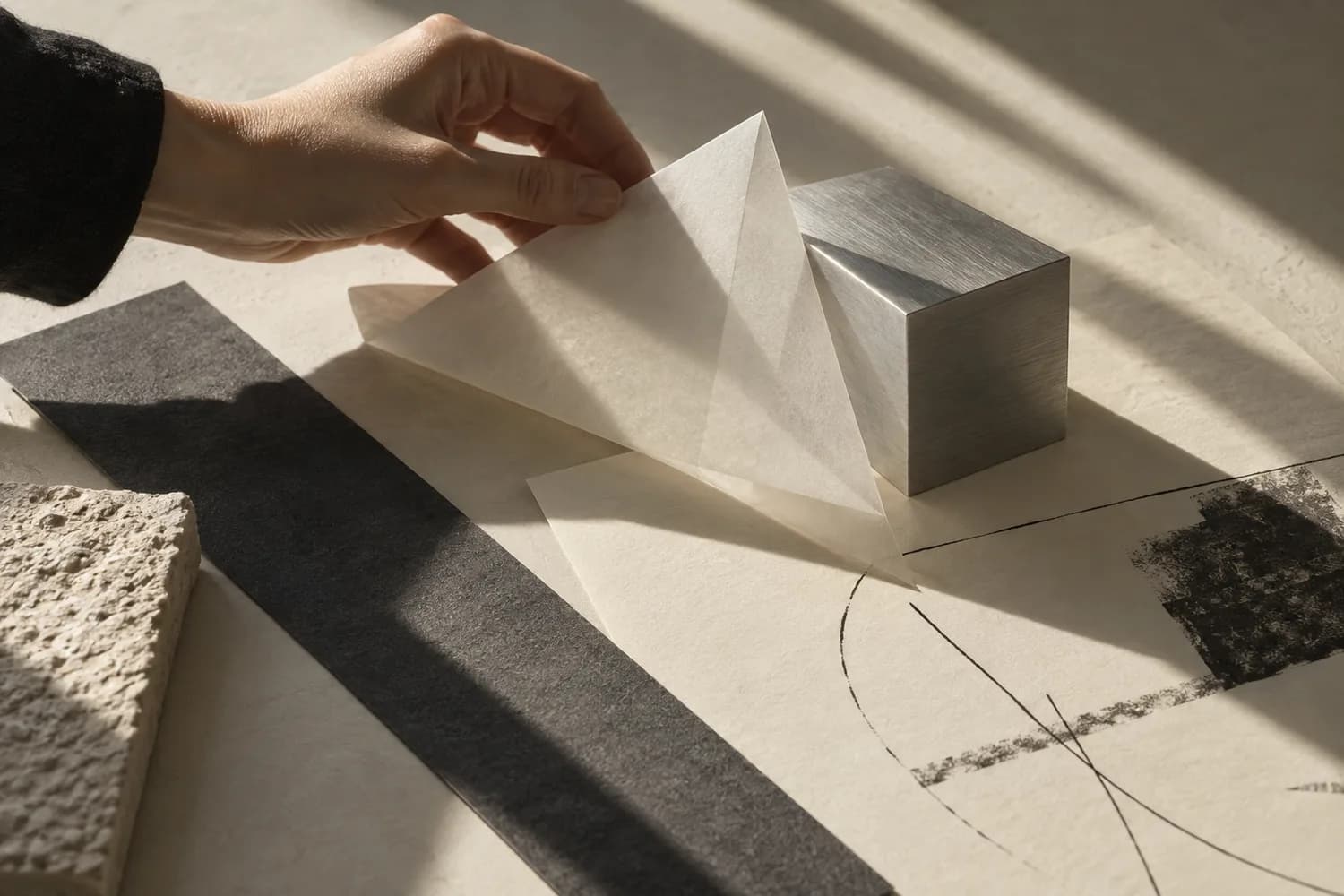 Étude de papier et de métal, recherche de formes au studio.